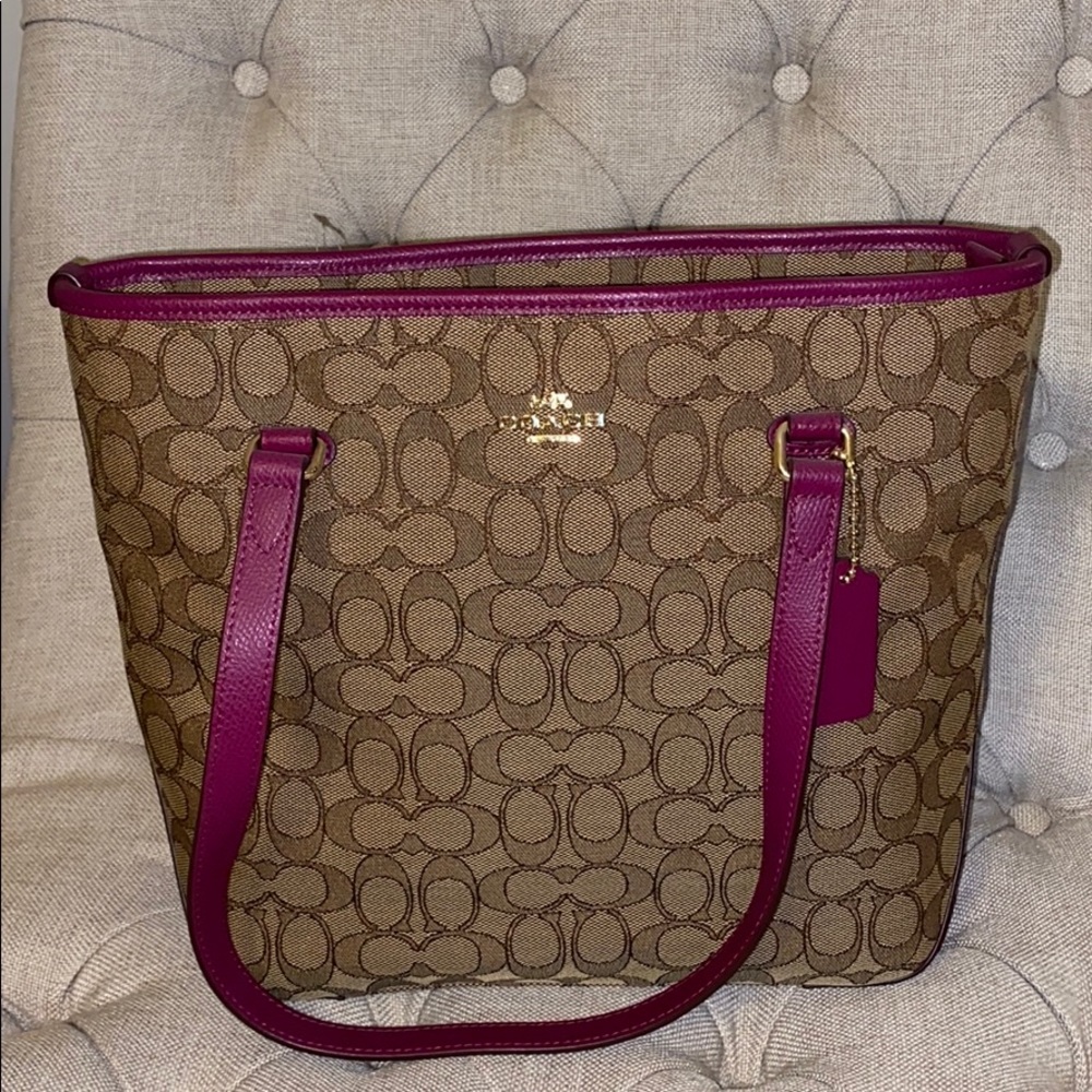 Coach Signature Canvas Shoulder Tote (NWT) with Purple Trim